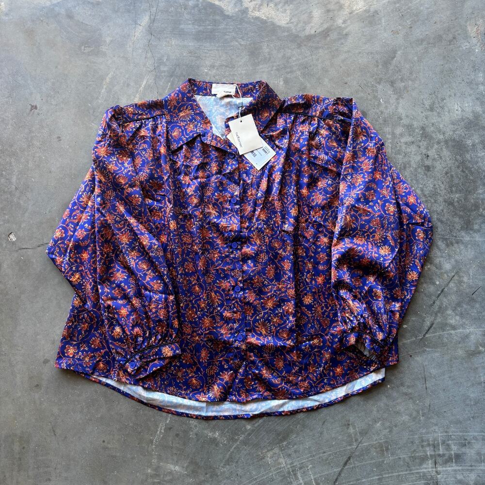The Korner Floral Blouse Women's L Blue Orange Button Up Long Sleeve Shirt - NWT